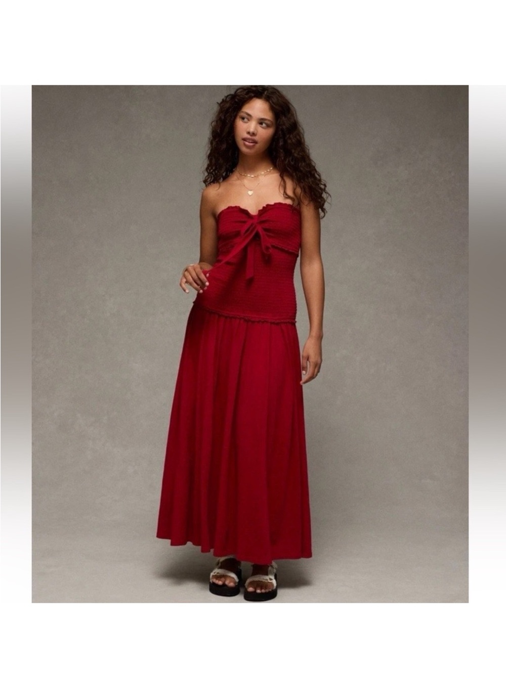 American Eagle Outfitters Red Halter Smocked Maxi Dress